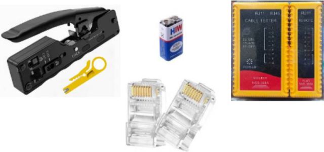 EXPERTRONICS Cat 7 Network Crimping Tool Kit – High-Precision Corded Crimper with Heavy LAN Tester, 9V Battery, & 50 Transparent RJ45 Connectors